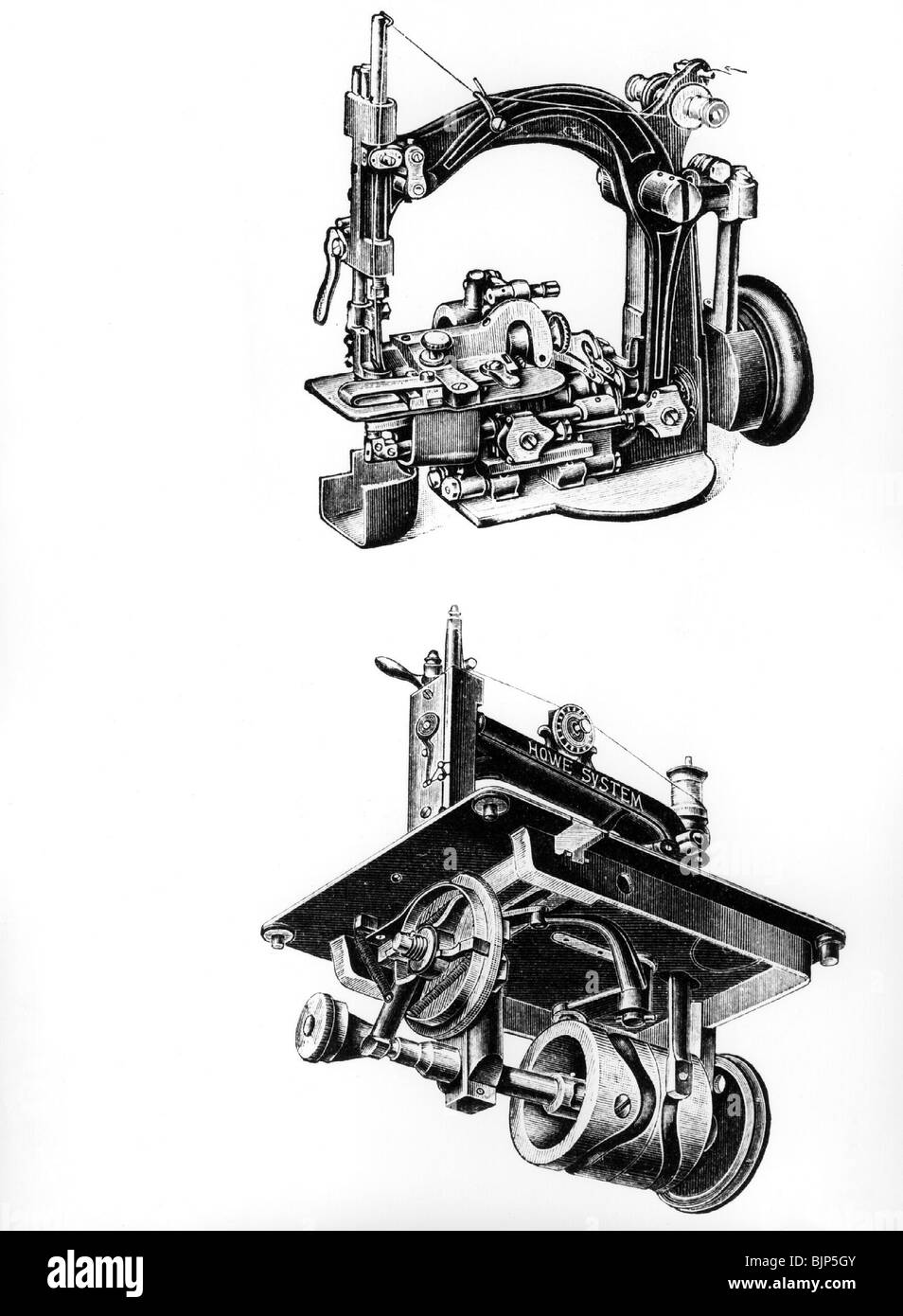household, sewing, sewing machines by E. Böttcher, embroidery stitch machine by E. Boettcher and sewing machine by Howe, wood engraving, 19th century, historic, historical, clipping, cut out, technics, technic, cut-out, cut-outs, Stock Photo