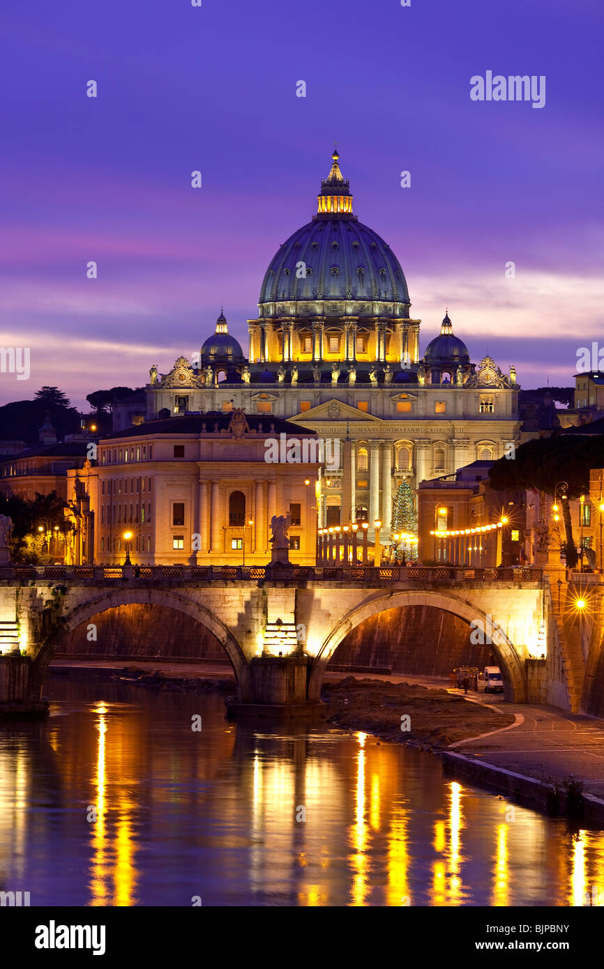 Saint Peter Basilica and Sant' Angelo Bridge by Night, Rome Stock Photo