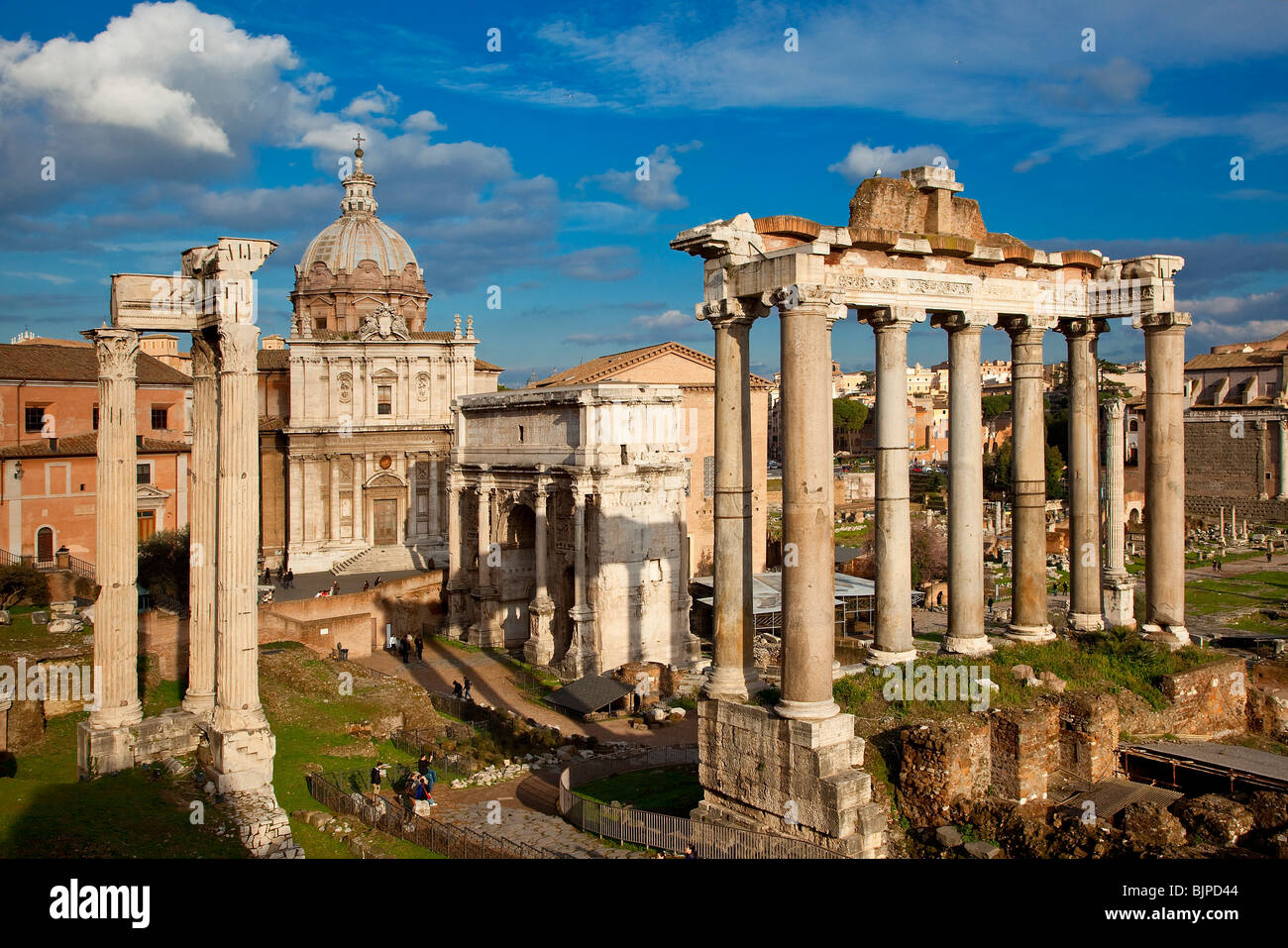 Temple of Vespasiam, Santi Luca e Martina, Arch of Septimius Severus, Temple of Saturn, Roman Forum, Latium, Rome Stock Photo