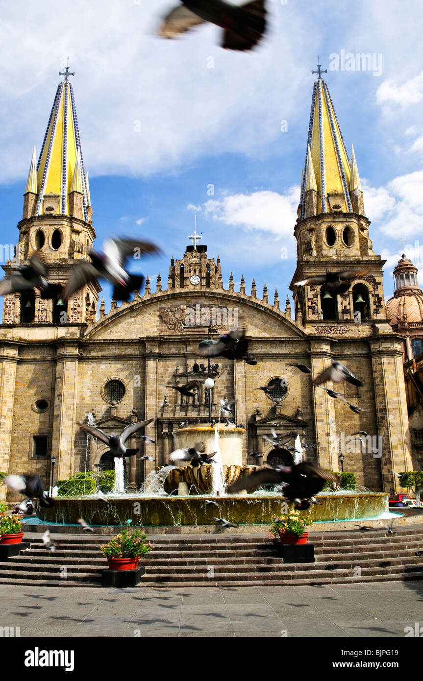 Pigeons flying in front of the Cathedral in historic center in Guadalajara, Jalisco, Mexico Stock Photo