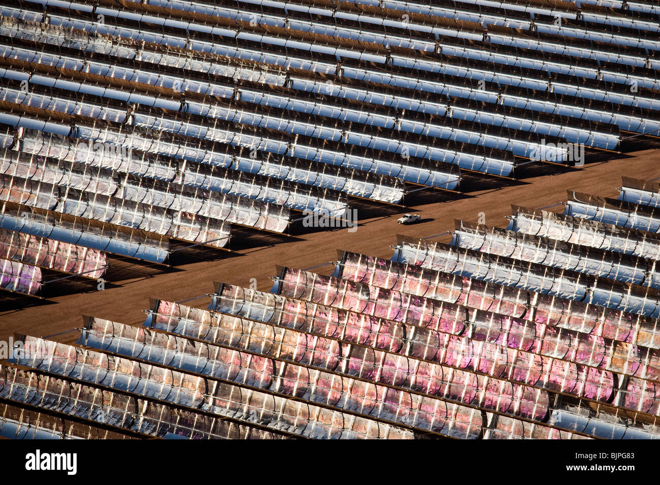 Aerial view of Nevada Solar One generating station, the largest concentrated solar power plant in the world In Boulder City, NV. Stock Photo