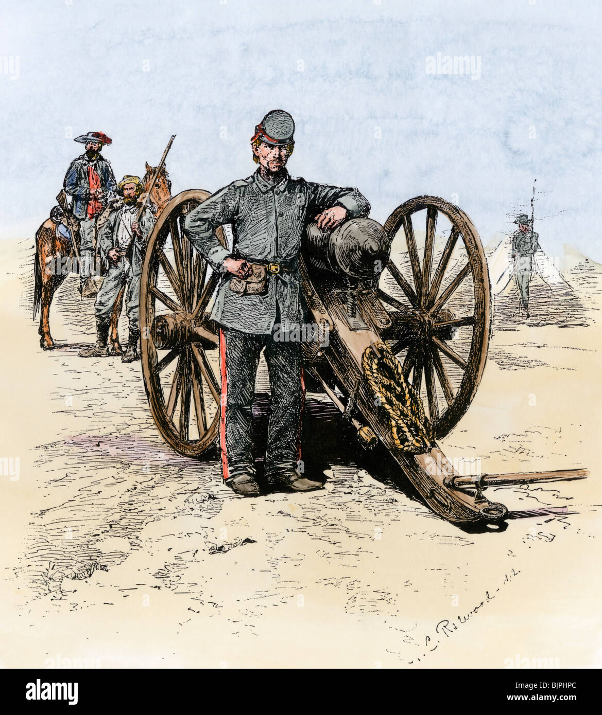 Confederate artilleryman at his cannon, 1862. Hand-colored woodcut Stock Photo