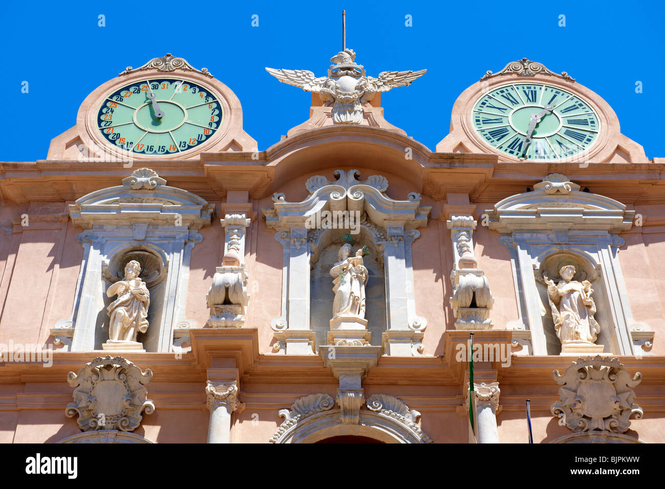 Statue of Our Lady Of Trapani on the Baroque Palazzo Senatorio [ Town Hall ] Trapani, Sicily Stock Photo