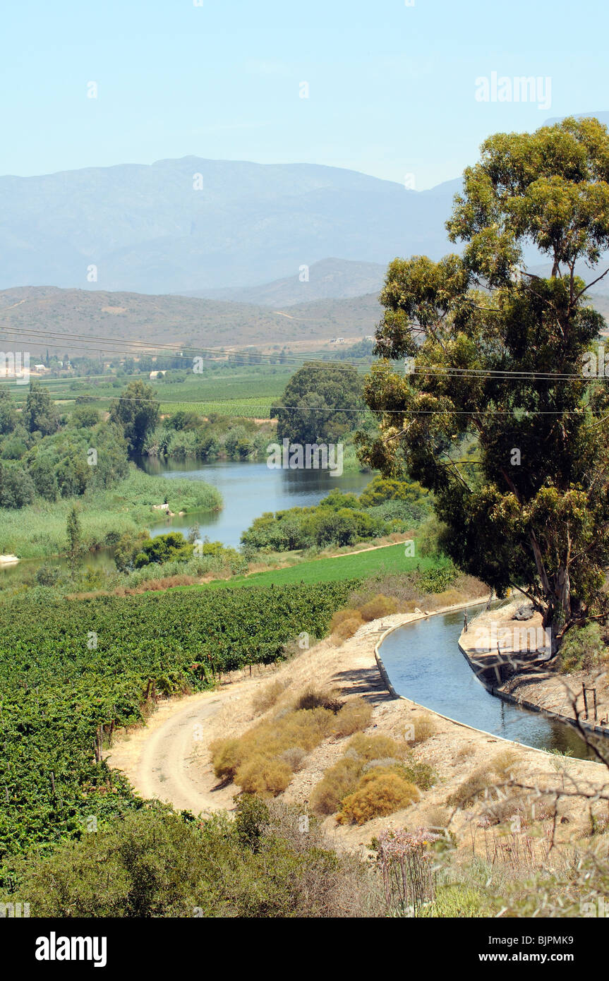 Breede River and the Riviersonderend Mountains a wine producing area surrounded by vines in the western Cape South Africa Stock Photo