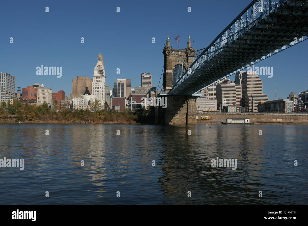Roebling suspension bridge Ohio river downtown Cincinnati Stock Photo