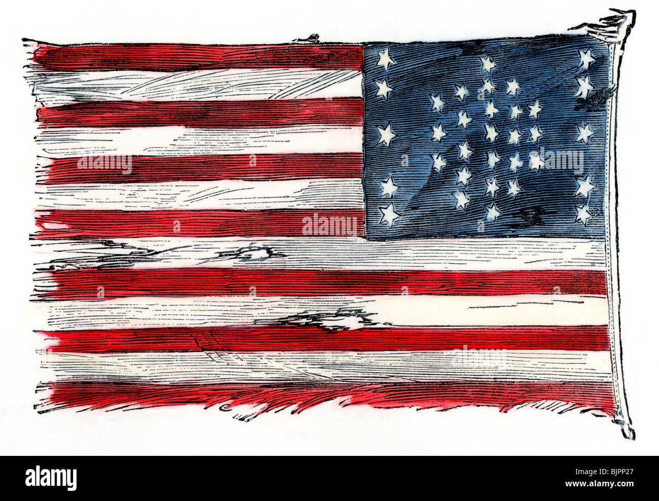 Fort Sumter's US flag after the bombardment, as raised in New York in 1861 by Major Anderson, Sumter commander. Hand-colored woodcut Stock Photo