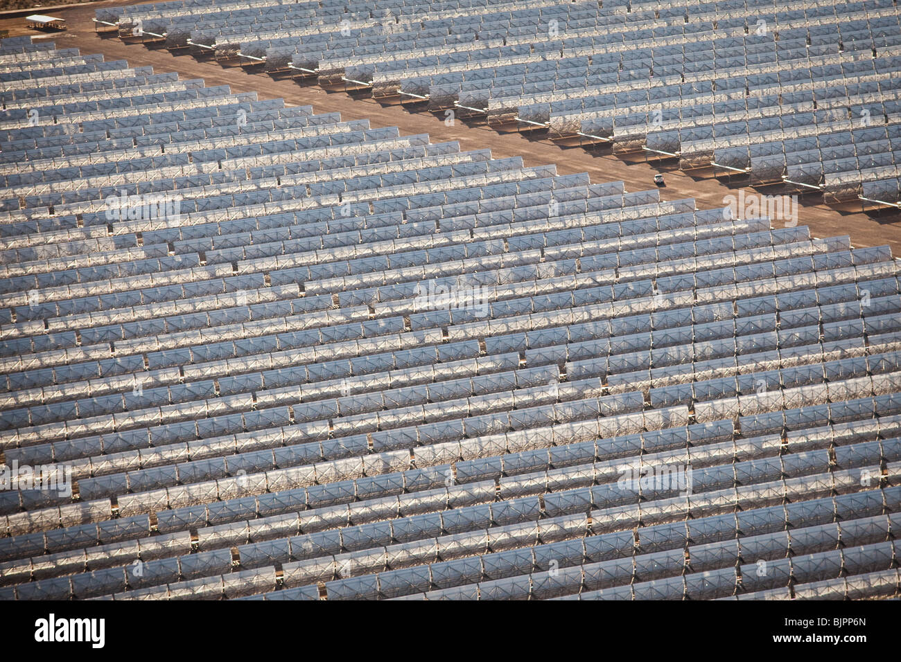Aerial view of Nevada Solar One generating station, the largest concentrated solar power plant in the world In Boulder City, NV. Stock Photo