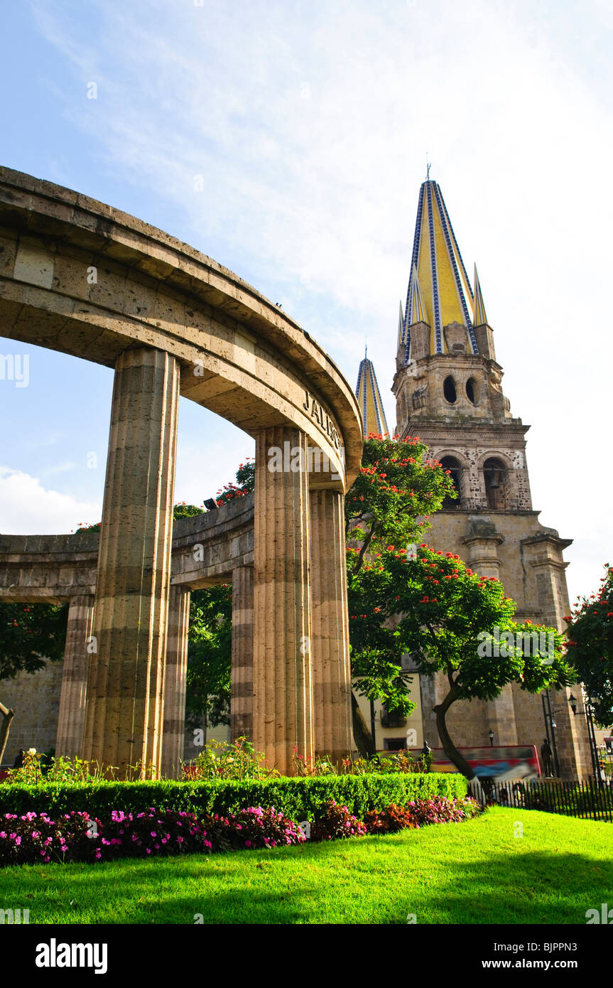 Rotonda de los Jalisciences Ilustres and Cathedral in historic center in Guadalajara, Jalisco, Mexico Stock Photo