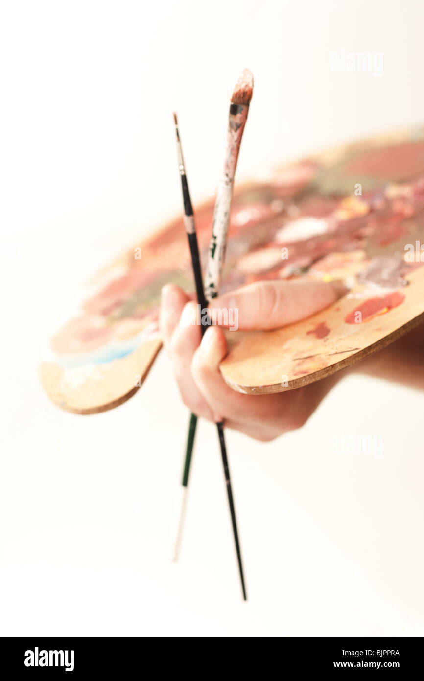 Paint palette and brushes Stock Photo Alamy