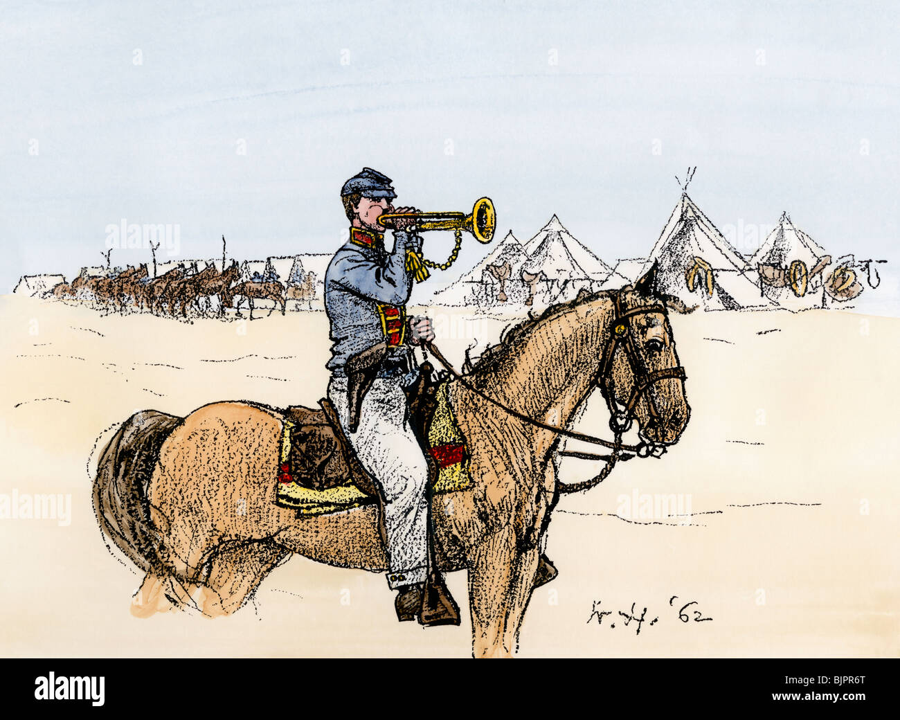 Bugler announcing a water call in a Union cavalry camp. Hand-colored woodcut of a Winslow Homer illustration Stock Photo