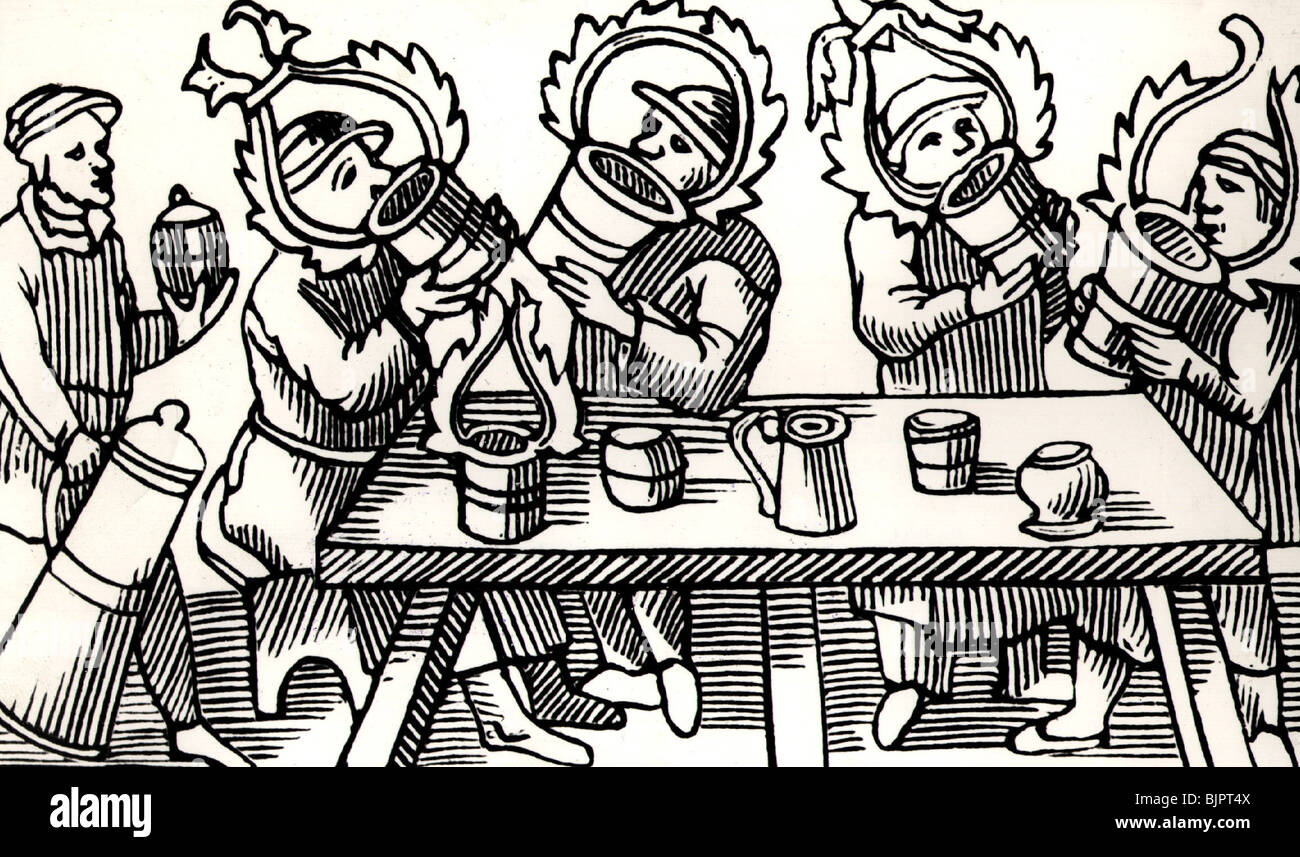 alcohol, drinking spree, 'The great soaker of the North', woodcut from Olaus Magnus 'Histoires des Pays septentrinaux', Antwerp, Antwerpen, 1560, Stock Photo