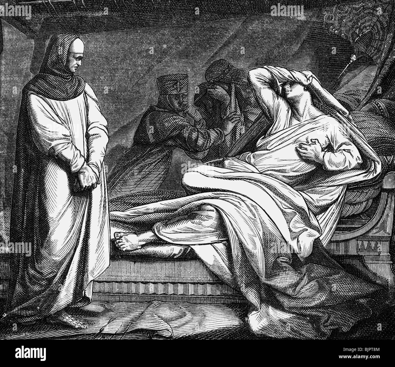 Conrad IV, 25.4.1228 - 21.5.1254, German King 13.12.1250 - 21.5.1254, while he is moaning about the misery of his family, wood engraving, 19th century, , Stock Photo