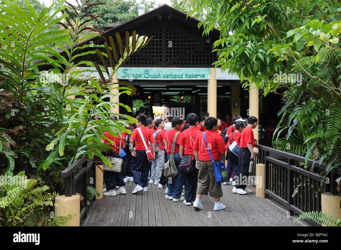 A group of children preparing to visit Sungei Buloh Wetland Reserve in the north of Singapore. Stock Photo