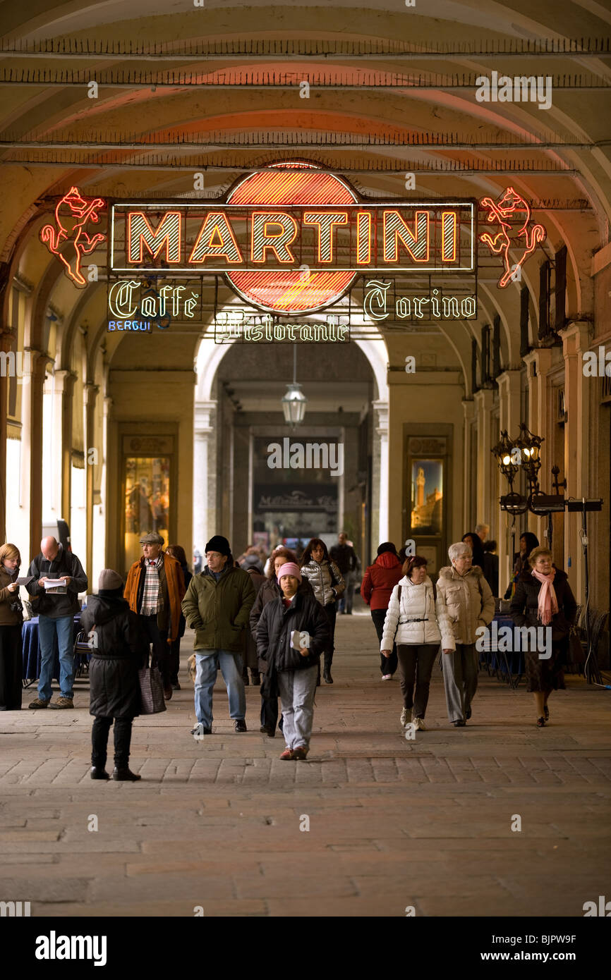 Italy, Piemonte, Torino, Turin historic cafe restaurant, arcade Piazza San Carlo, martini sign Stock Photo