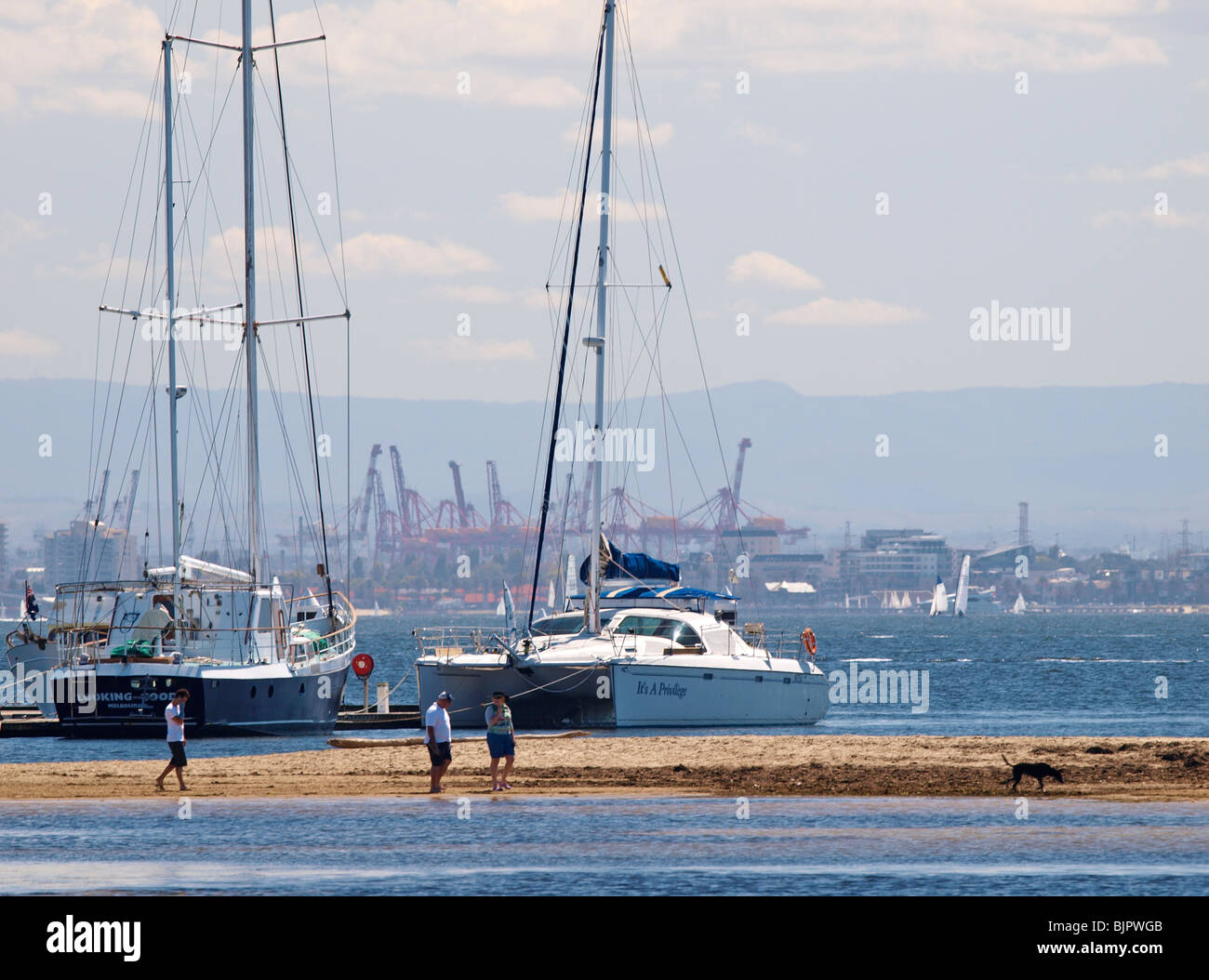 MARINA AT MIDDLE BRIGHTON WITH CRANES IN BACKGROUND, VICTORIA AUSTRALIA