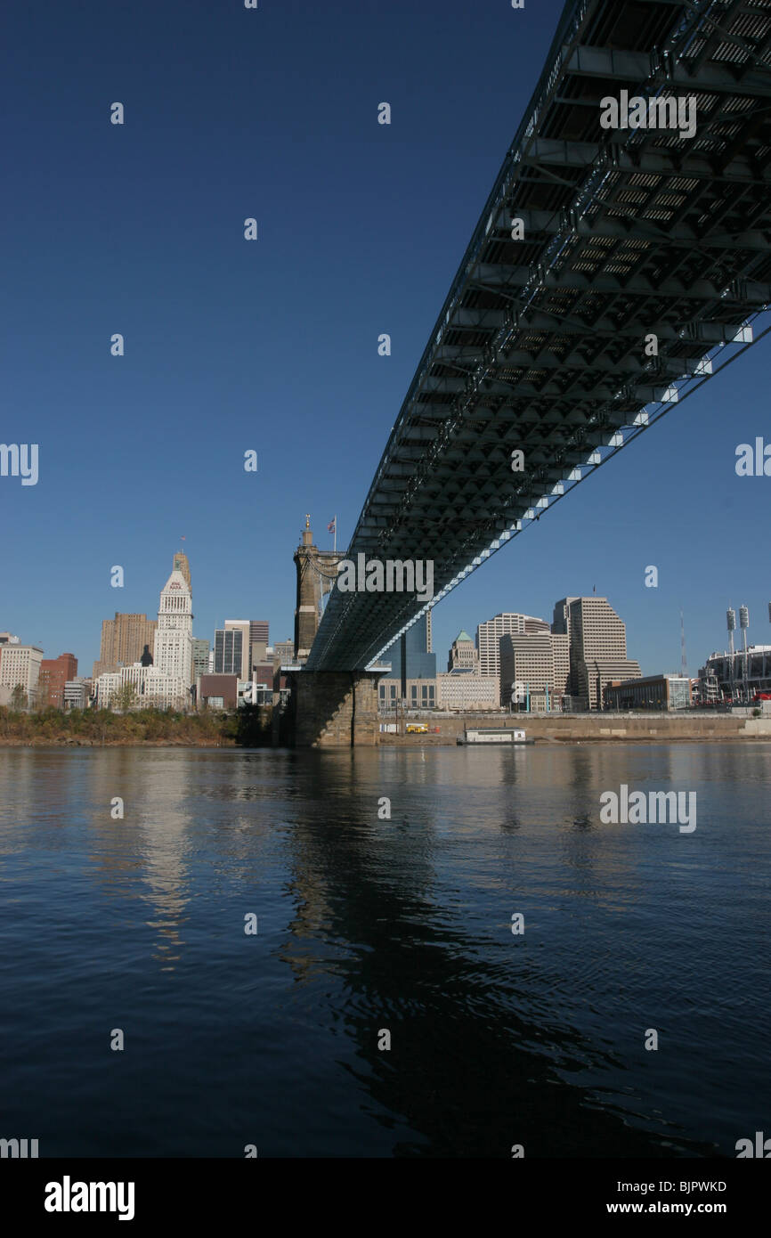 Roebling suspension bridge Ohio river downtown Cincinnati Stock Photo