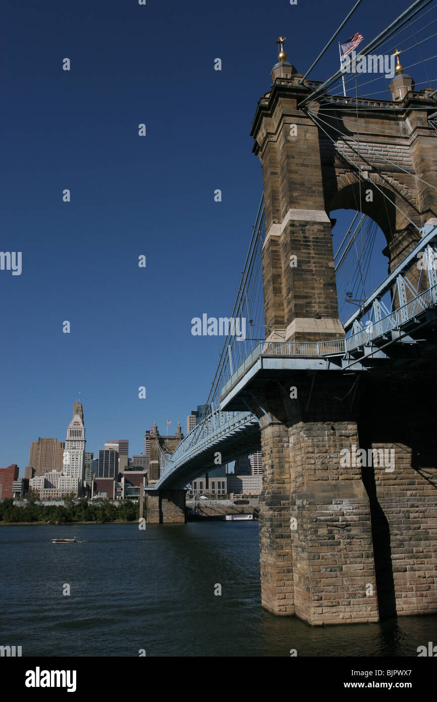 Roebling suspension bridge Ohio river downtown Cincinnati Stock Photo