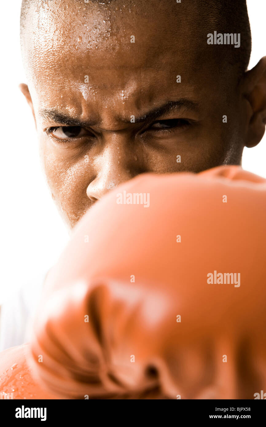 Man in boxing gloves sweating Stock Photo Alamy