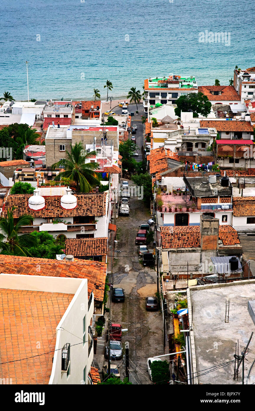 View of street leading to Pacific ocean in Puerto Vallarta, Mexico Stock Photo