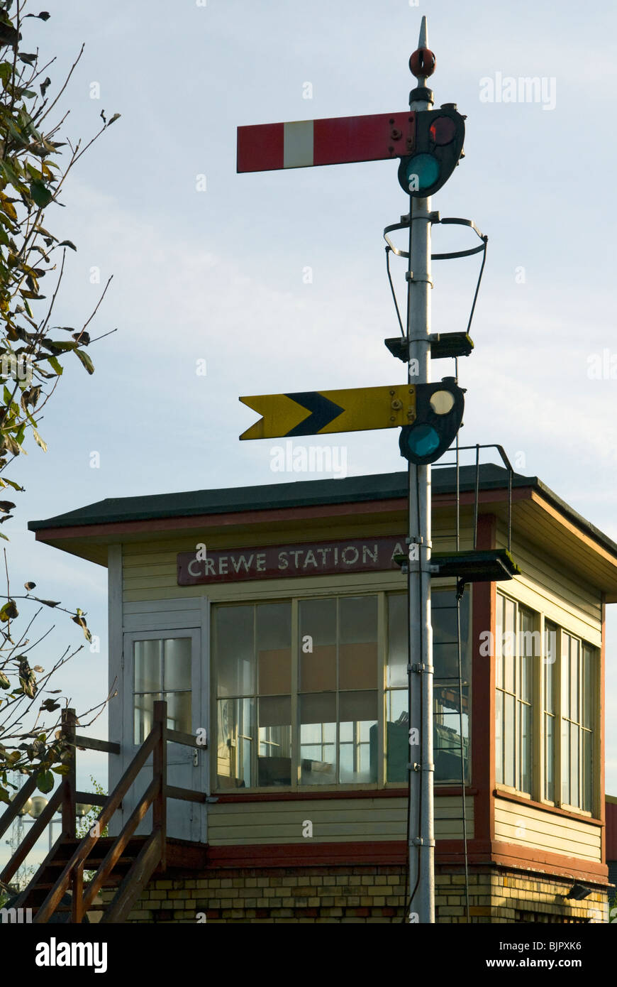 Signal box and railway signal at Crewe, Cheshire, UK Stock Photo Alamy