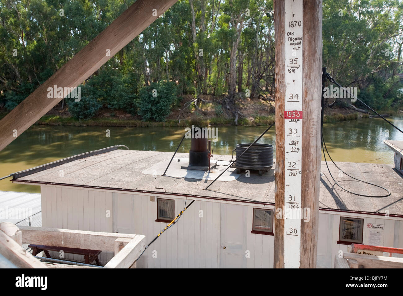 A marker showing flood levels on the Murray River at the port of Echuca, Australia. Stock Photo