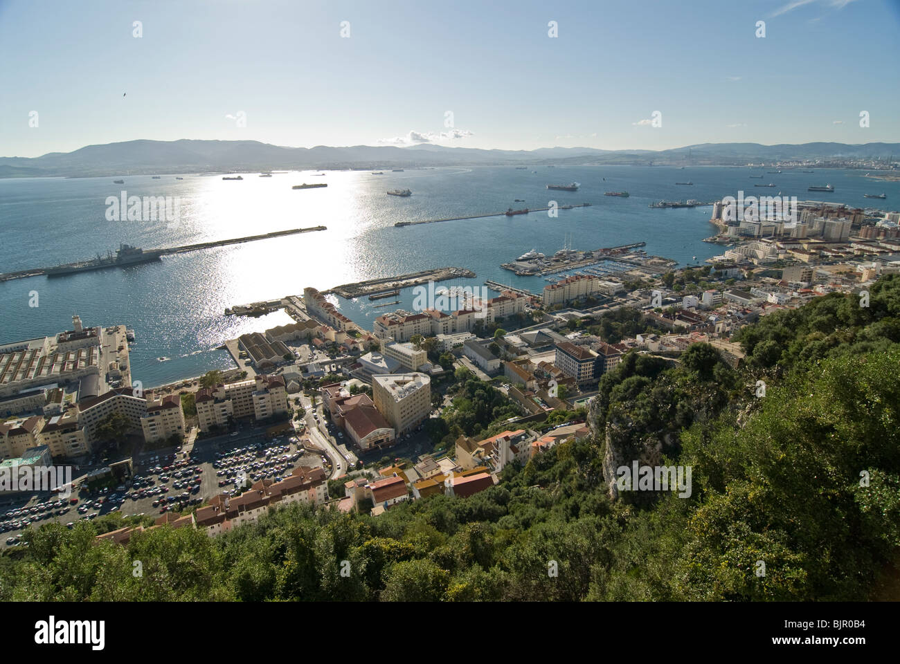 overview of Gibraltar from The Rock, Algeciras in background Stock Photo