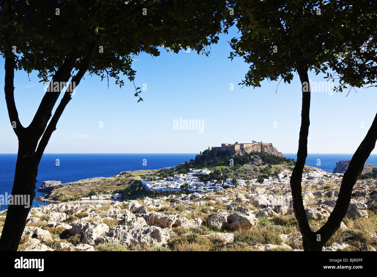 View on the Acropolis and the village of Lindos. Island of Rhodes ...