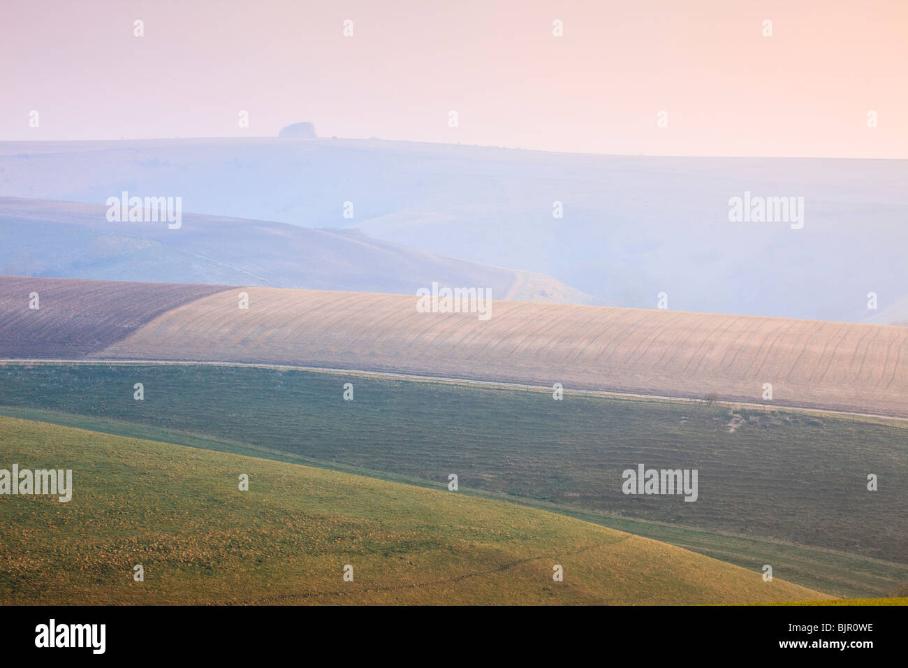 A misty spring morning, looking towards Win Green Hill, Cranborne Chase, Wiltshire, UK Stock Photo