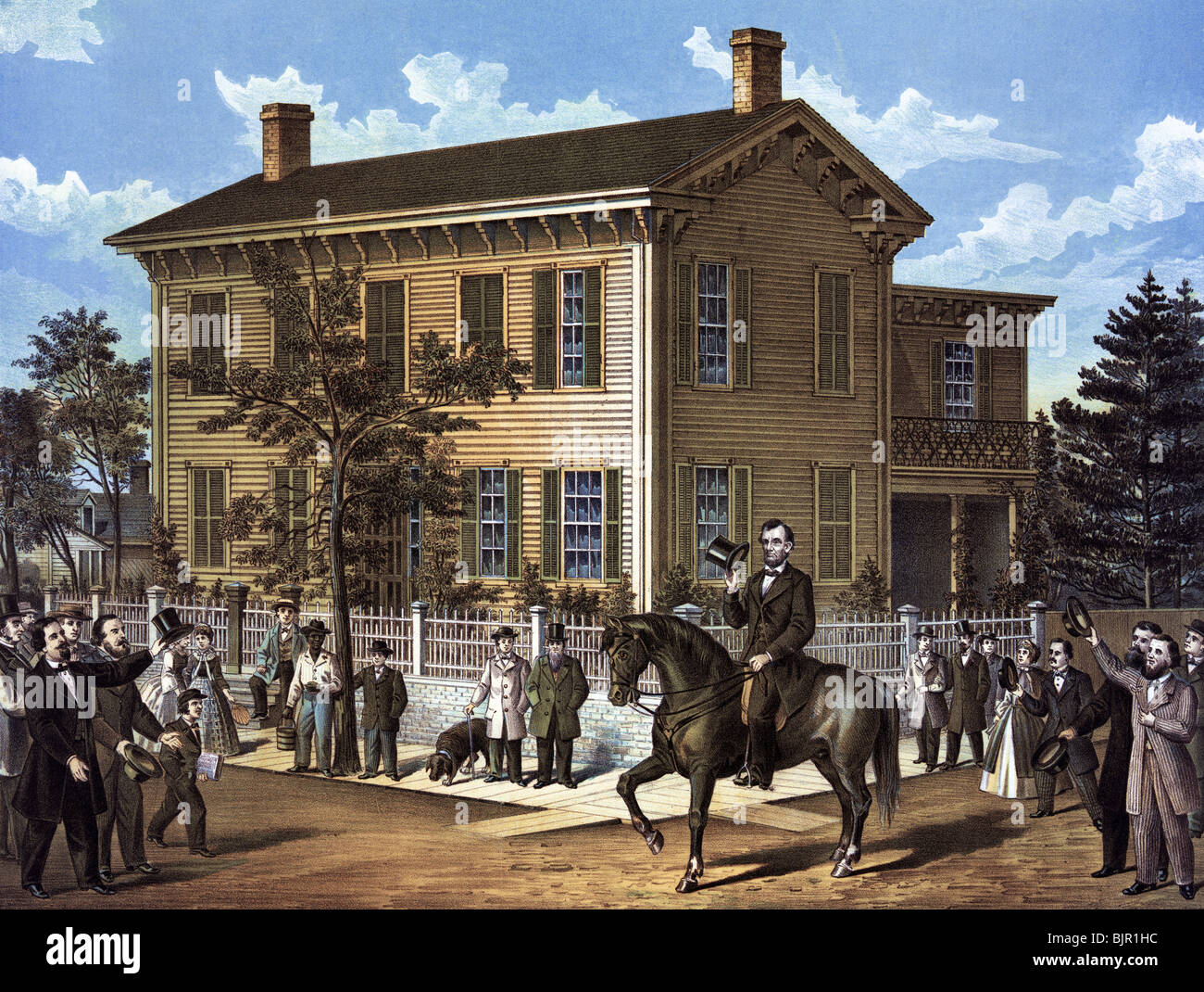 Print c1898 depicting Abraham Lincoln returning to his home in Springfield, Illinois, in 1860 after winning the US Presidency. Stock Photo