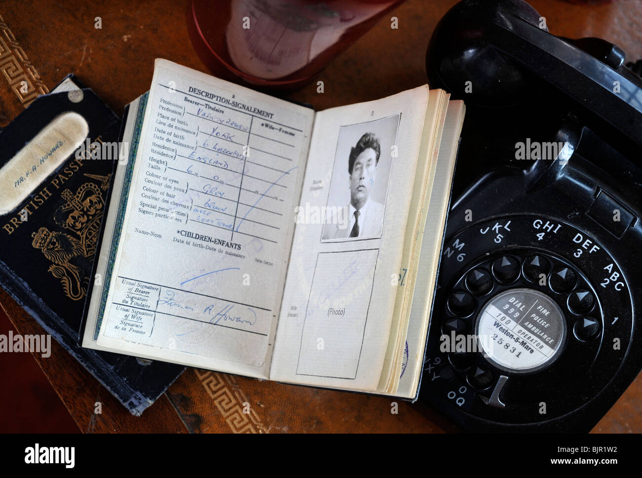 Frankie Howerd memorabilia including an old passport on display at Wavering Down House his former home Stock Photo