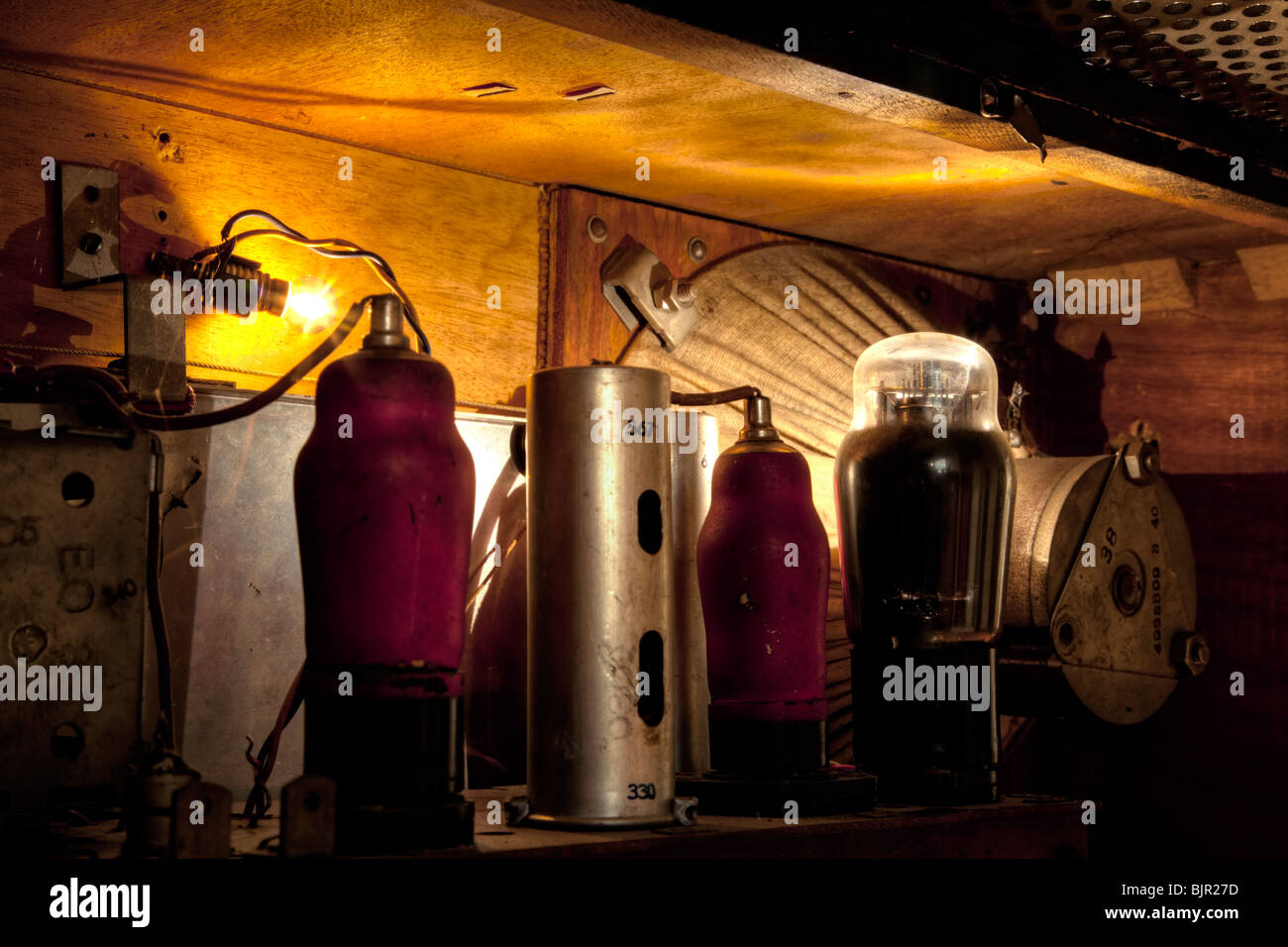 Vacuum tubes of an old radio Stock Photo