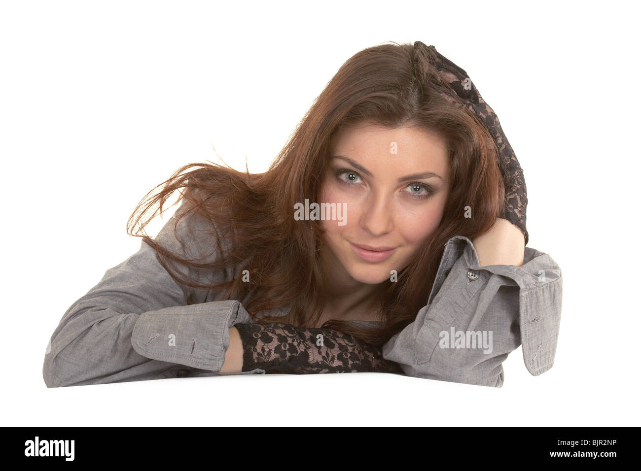 Portrait of a brunette on a white background Stock Photo - Alamy