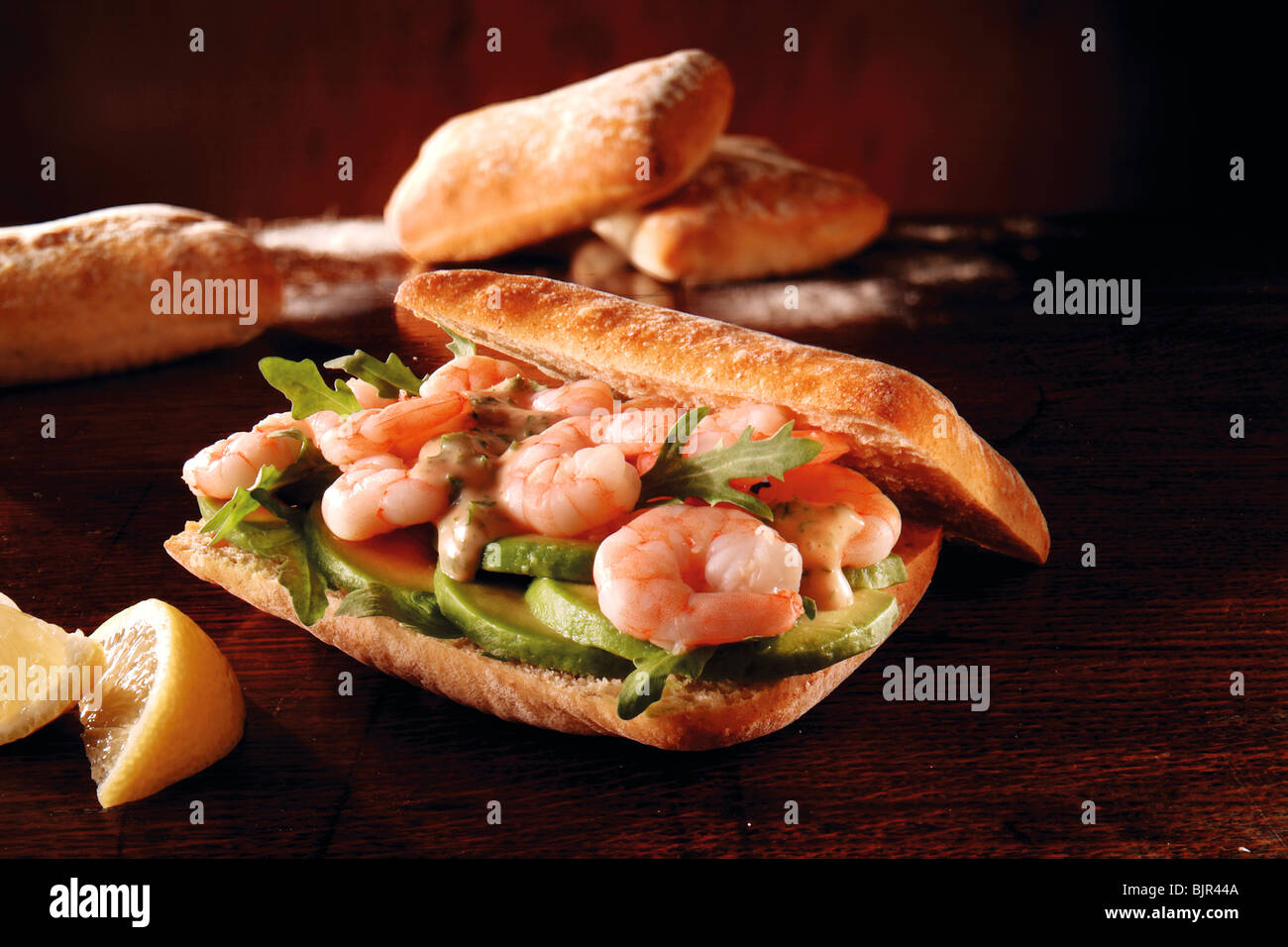 Prawn, avacado and rocket chiabatta sandwich. Food photos. Stock Photo