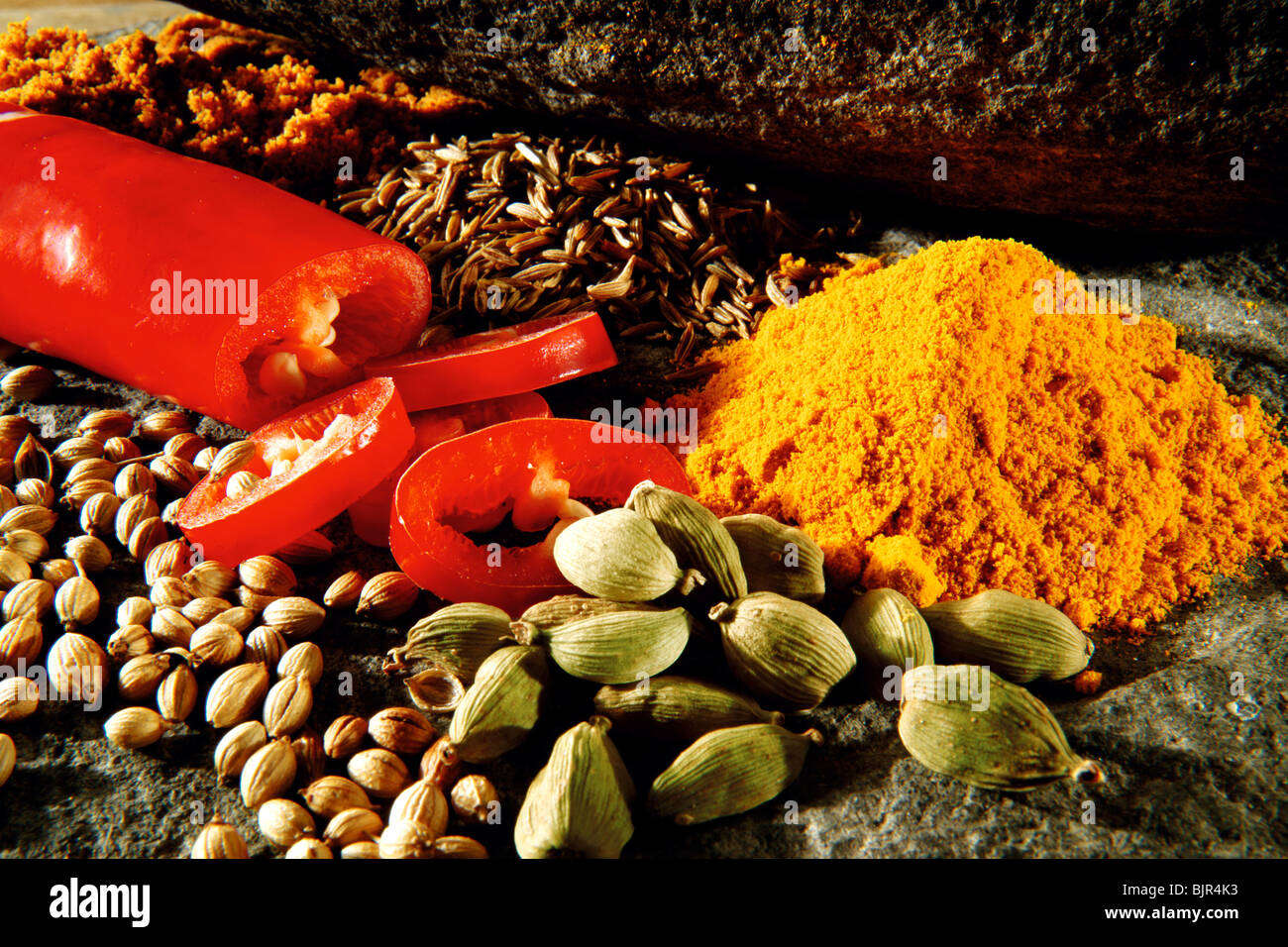collection of ground and fresh  Indian asian spice arrangement Stock Photo