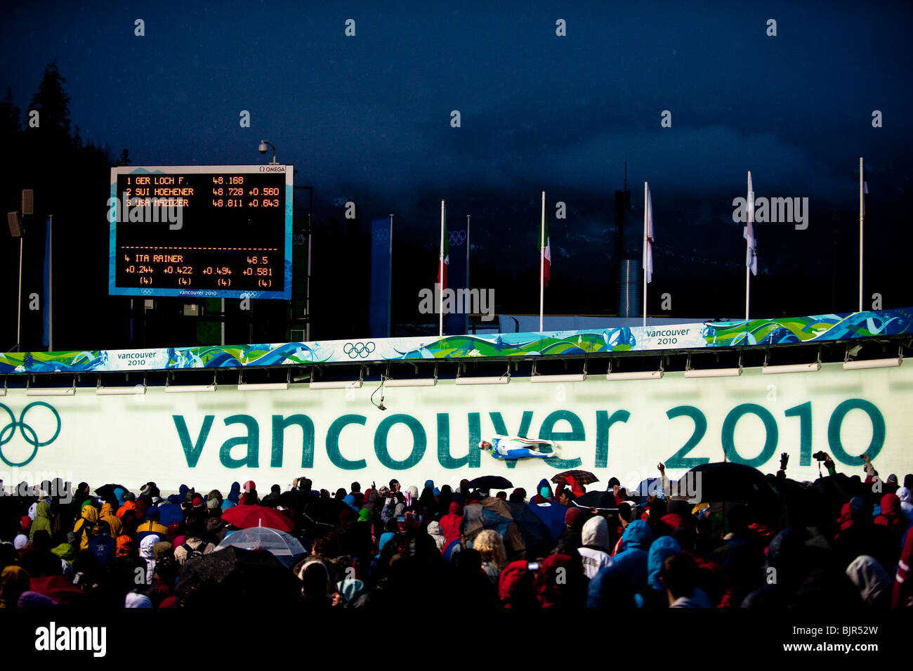 This is an image of the luge event on the Whistler Sliding center during the 2010 winter Olympic games. Stock Photo