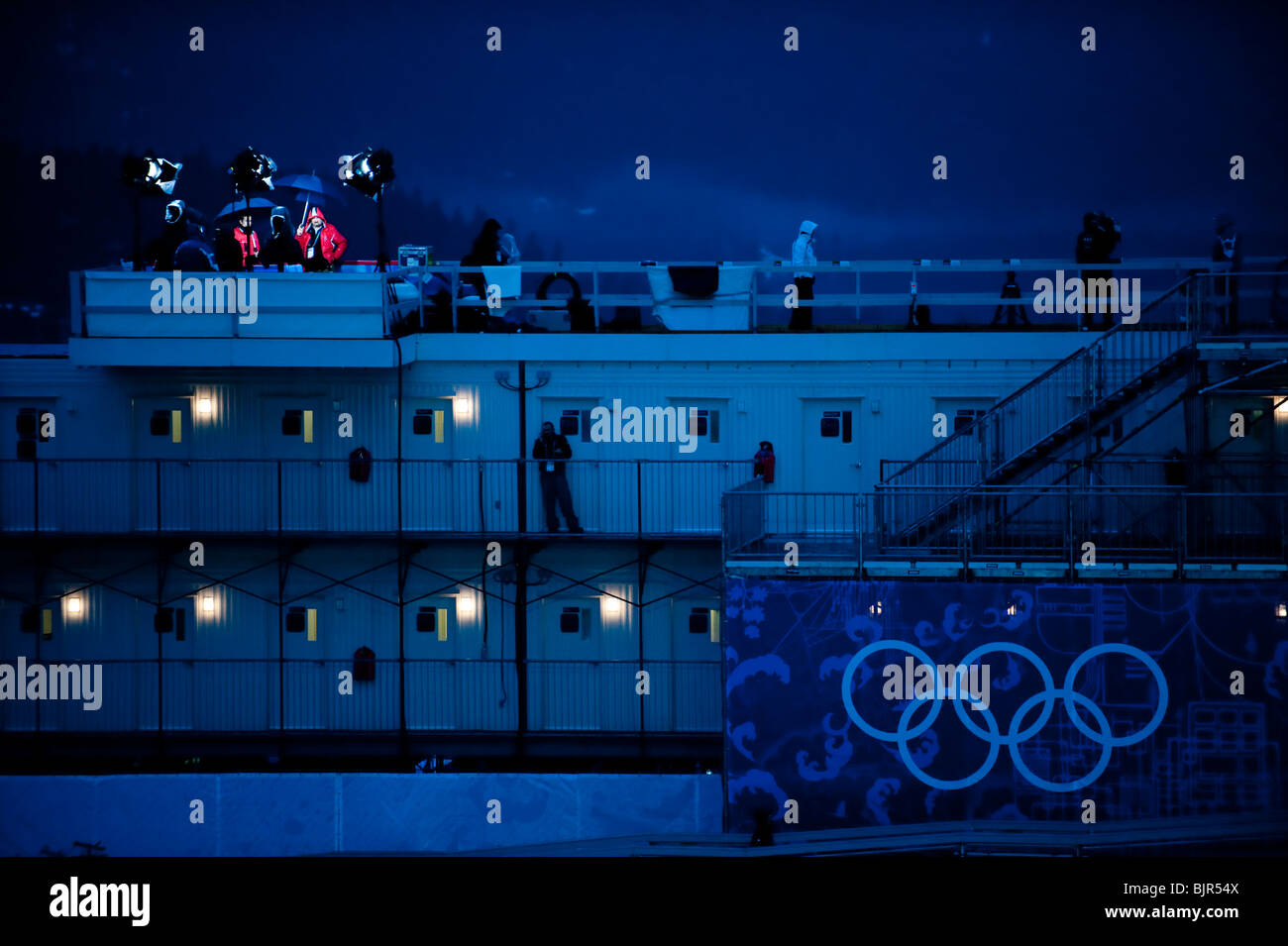 This is an image of the Olympic broadcasting building at the sliding center during the 2010 winter games. Stock Photo