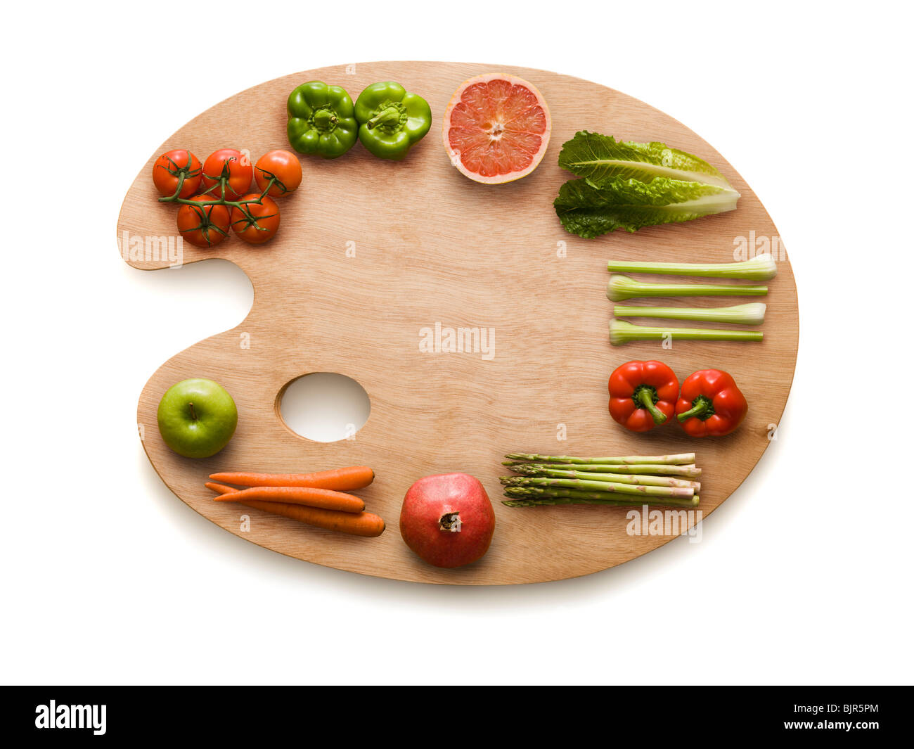 palette with fruits and vegetables on it Stock Photo