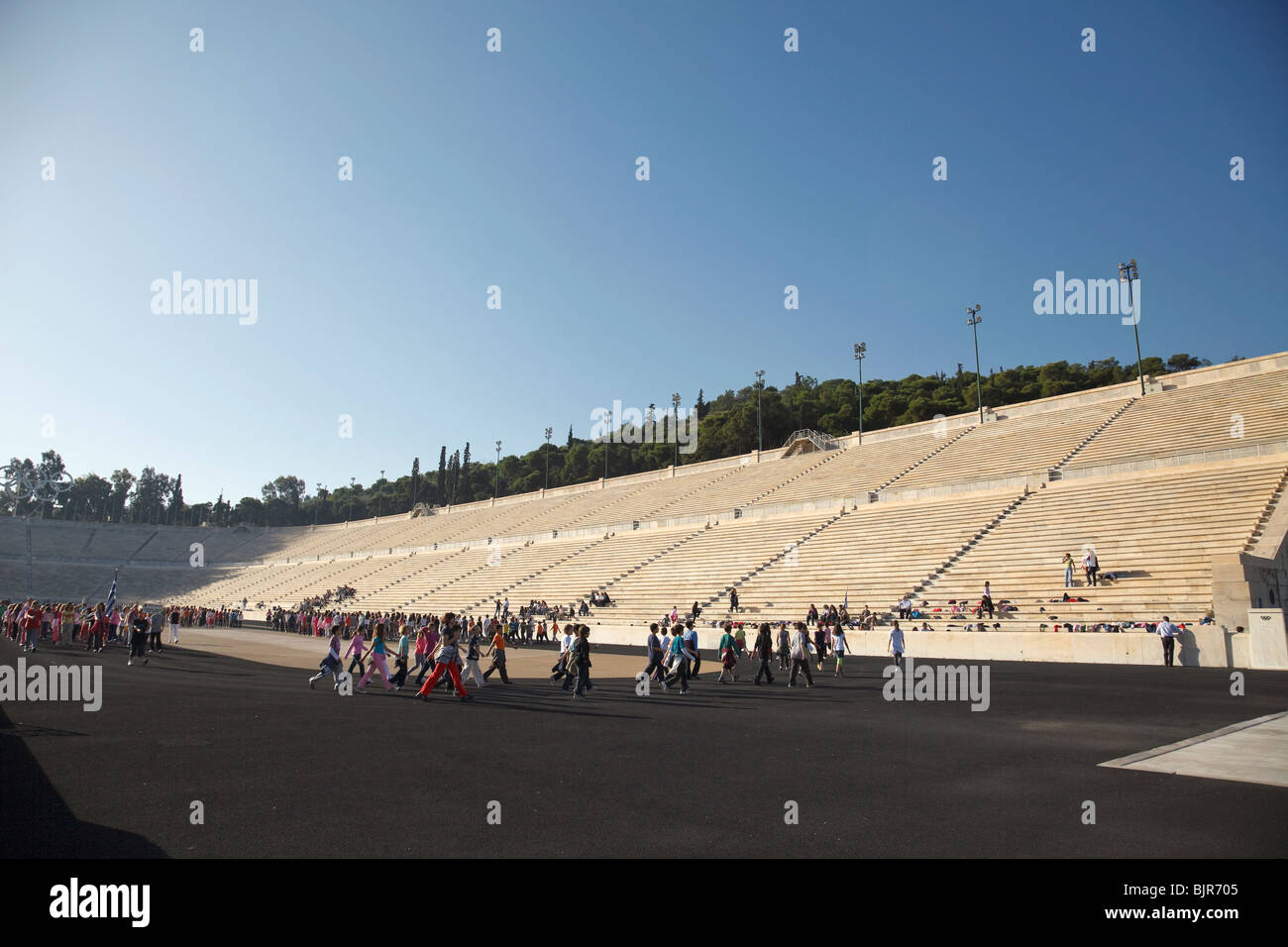 School children of Athens practice for Greek Independence Day Parades in Olympic Stadium in Athens. Stock Photo