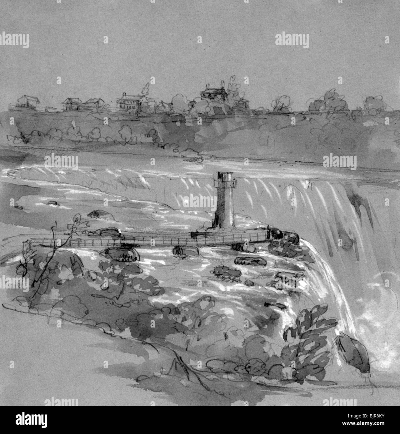 Drawing shows Niagara Falls from Goat Island on the American side and the Canadian Horseshoe Falls, 1853 Stock Photo