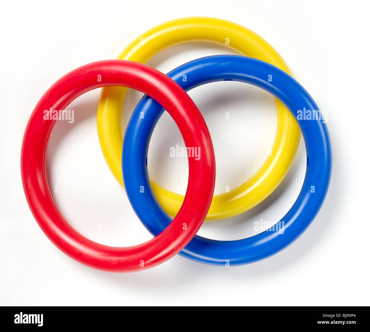 red blue yellow hula hoops Stock Photo