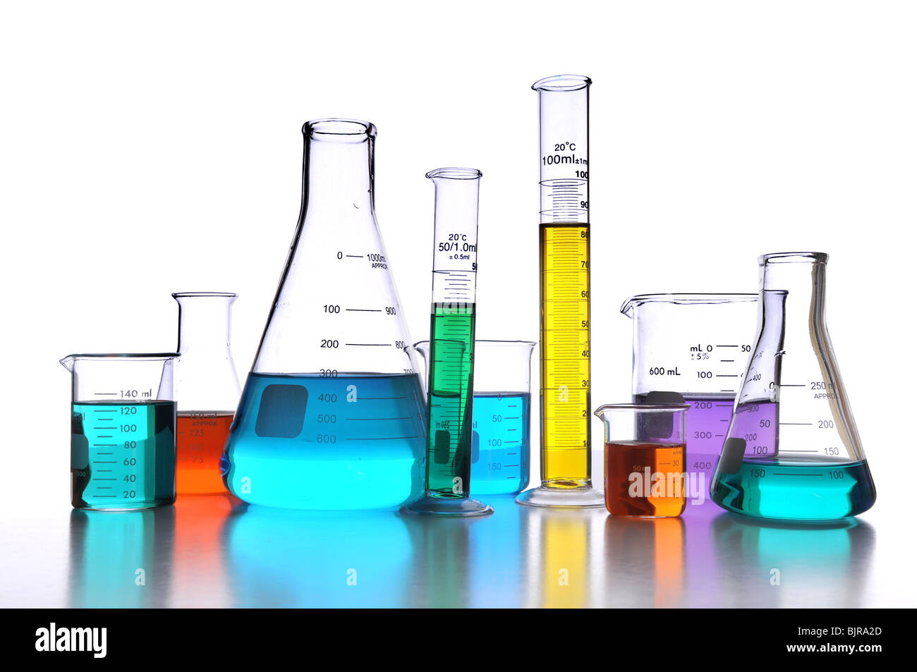 Laboratory glassware over white background with reflections on surface Stock Photo Alamy