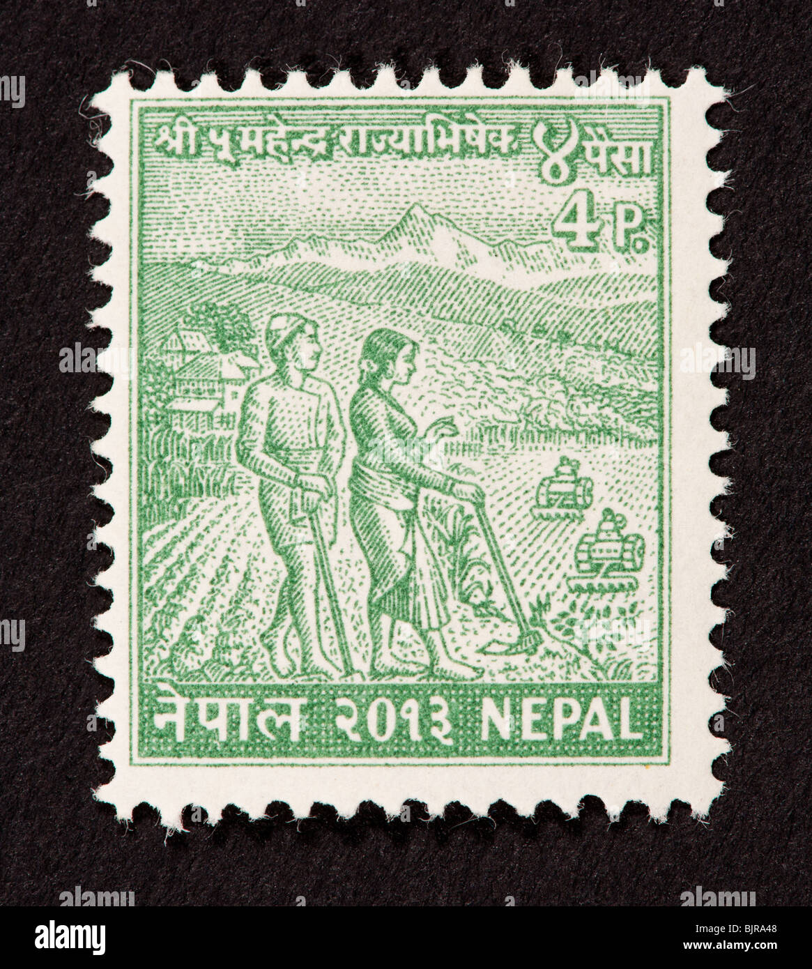 Postage stamp from Nepal depicting rice farming, for the coronation of