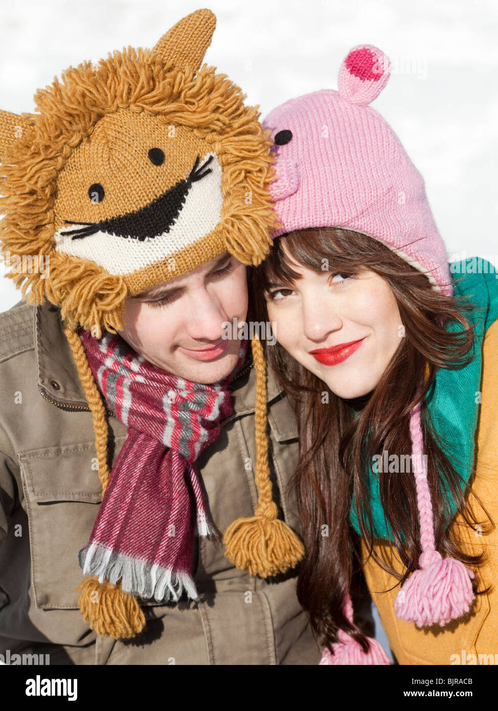 Orem, Utah, USA, boyfriend and girlfriend wearing funny knit hats, portrait  Stock Photo - Alamy