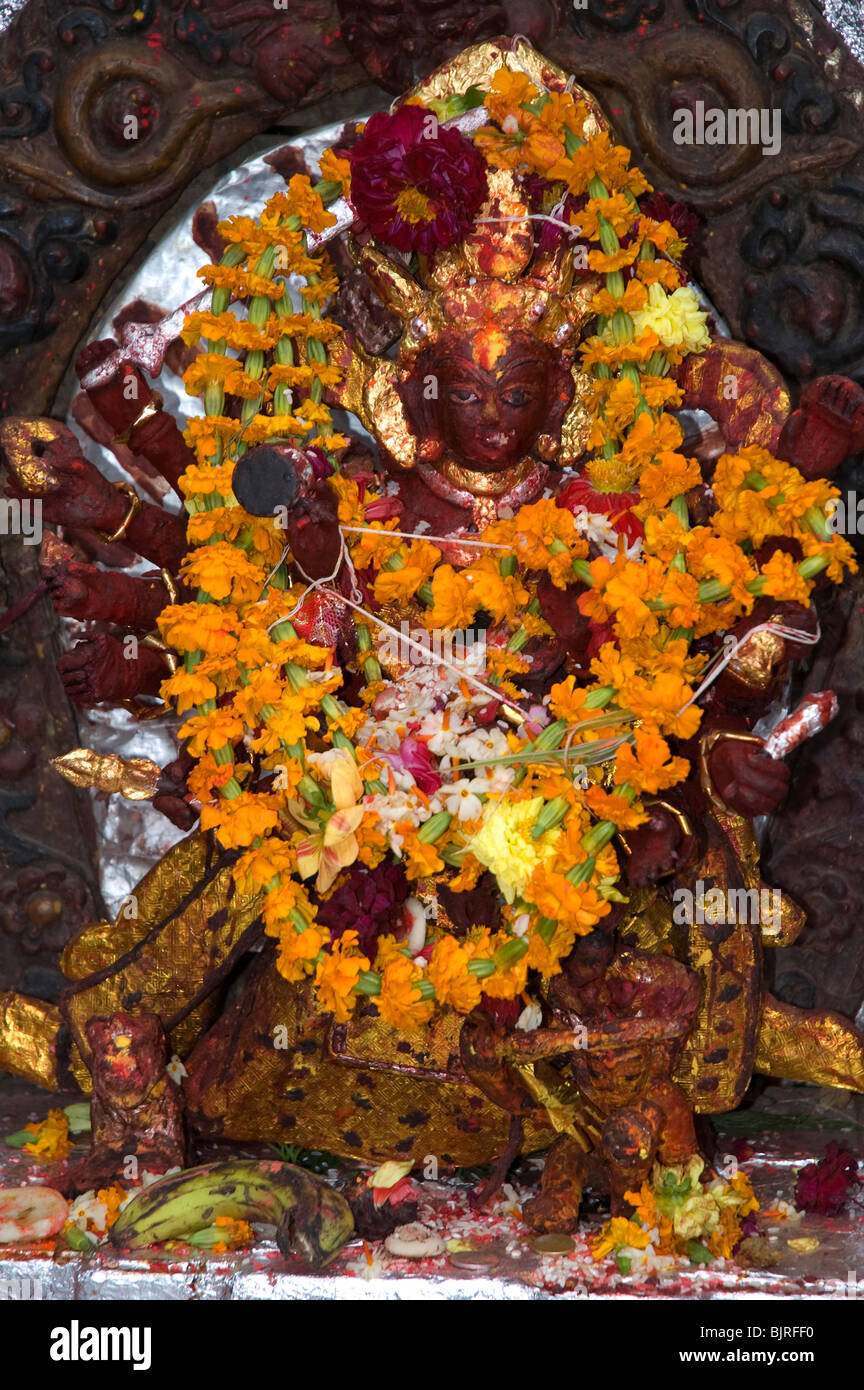 An idol riding a turtle, festooned with marigold garlands in Durbar