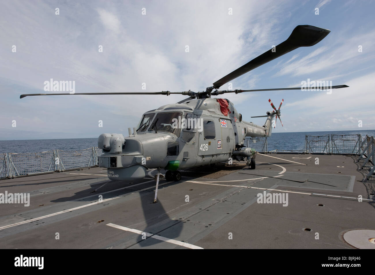 Royal Navy Mk 8 Lynx helicopter on flight deck of Type 23 frigate Stock Photo