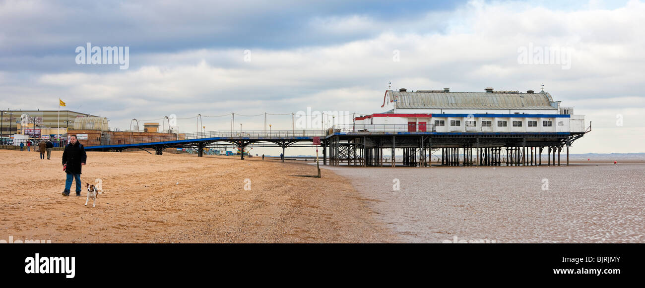 Man walks a dog along the beach near the Pier 39 on Cleethorpes beach, Lincolnshire England UK in winter Stock Photo