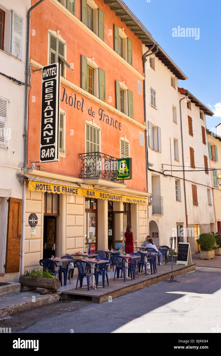 Hotel de France with bar and restaurant in the town centre of Isola in the Alpes Maritimes, Provence, South of France, Europe Stock Photo
