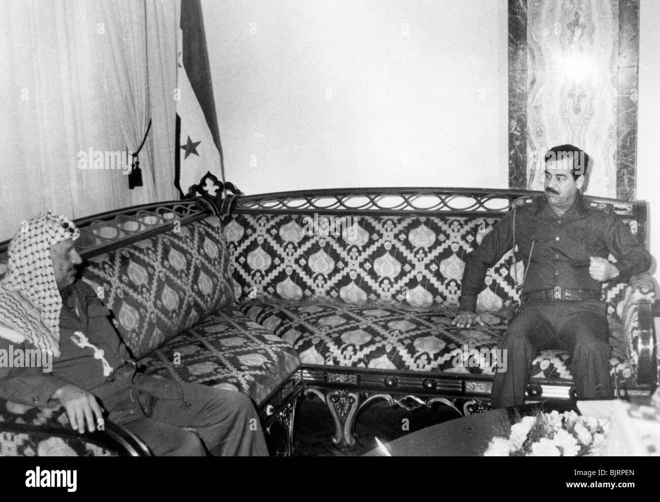 Yasser Arafat and Saddam Hussein, Iraq, 1987. Artist: Unknown Stock Photo