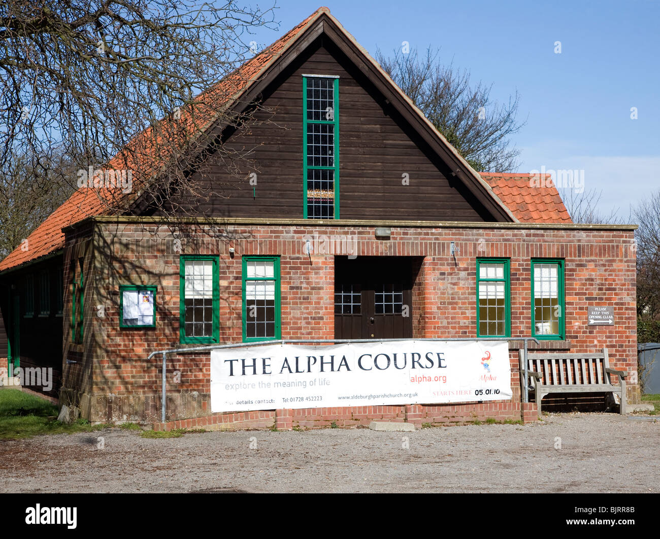 The Alpha Course sign in church hall, Aldeburgh, Suffolk Stock Photo