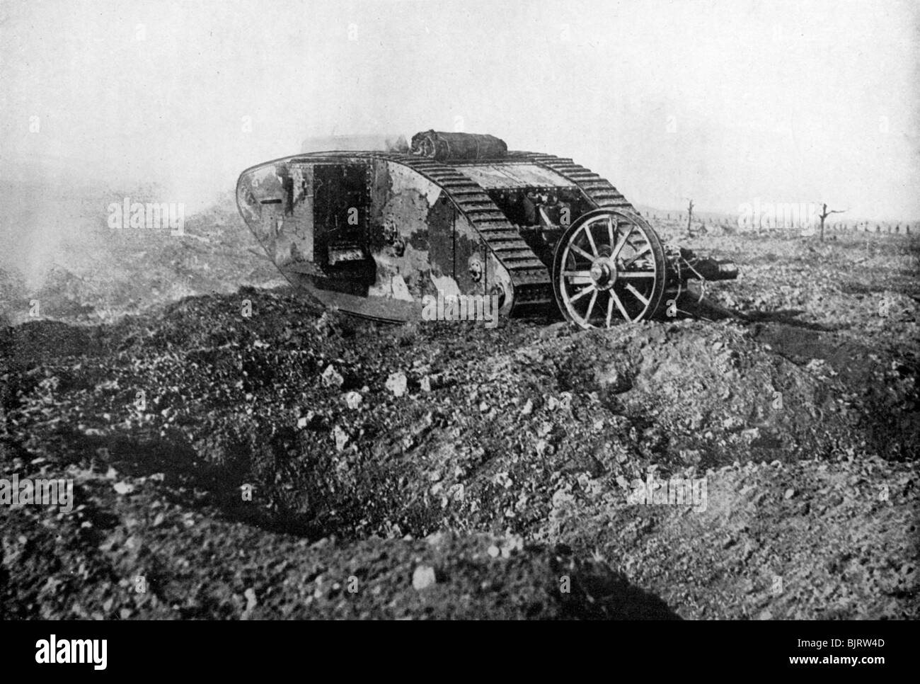 A tank in action on the Western Front, Somme, France, First World War